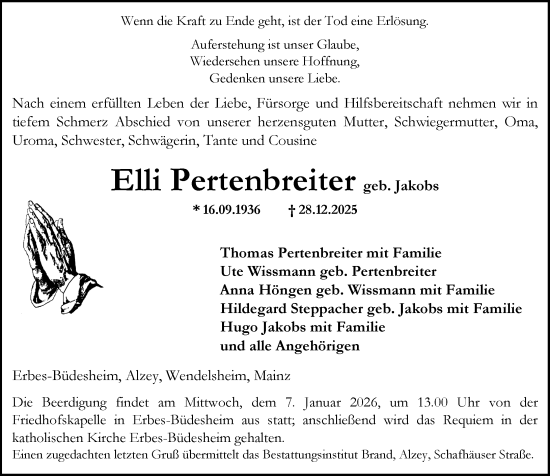 Traueranzeige von Elli Pertenbreiter von Allgemeine Zeitung Alzey