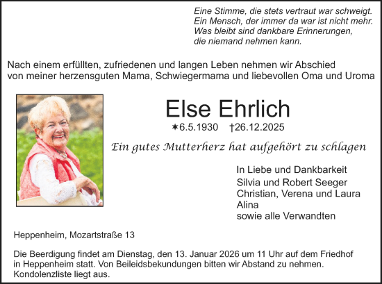 Traueranzeige von Else Ehrlich von Starkenburger Echo