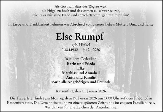Traueranzeige von Else Rumpf von Wetzlarer Neue Zeitung