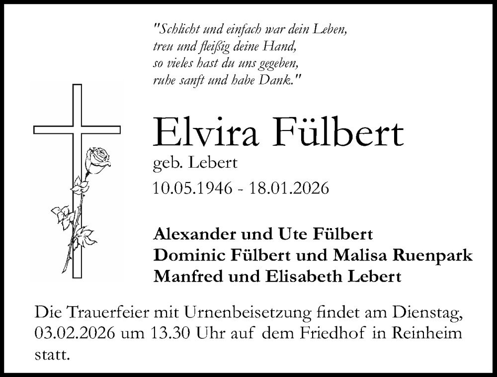  Traueranzeige für Elvira Fülbert vom 24.01.2026 aus Darmstädter Echo