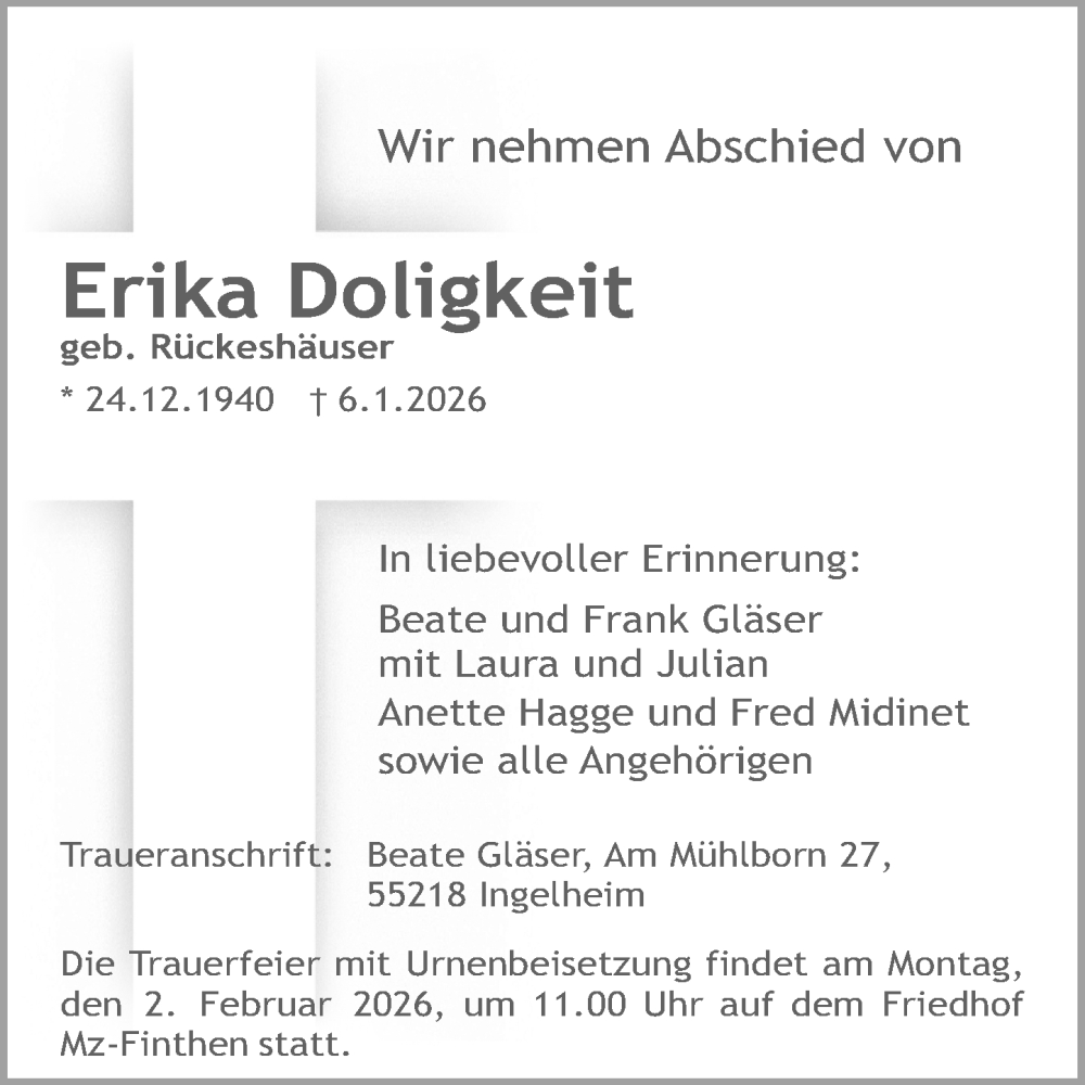  Traueranzeige für Erika Doligkeit vom 17.01.2026 aus Allgemeine Zeitung Mainz
