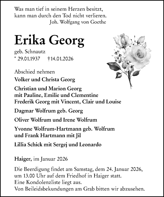 Traueranzeige von Erika Georg von Dill Block