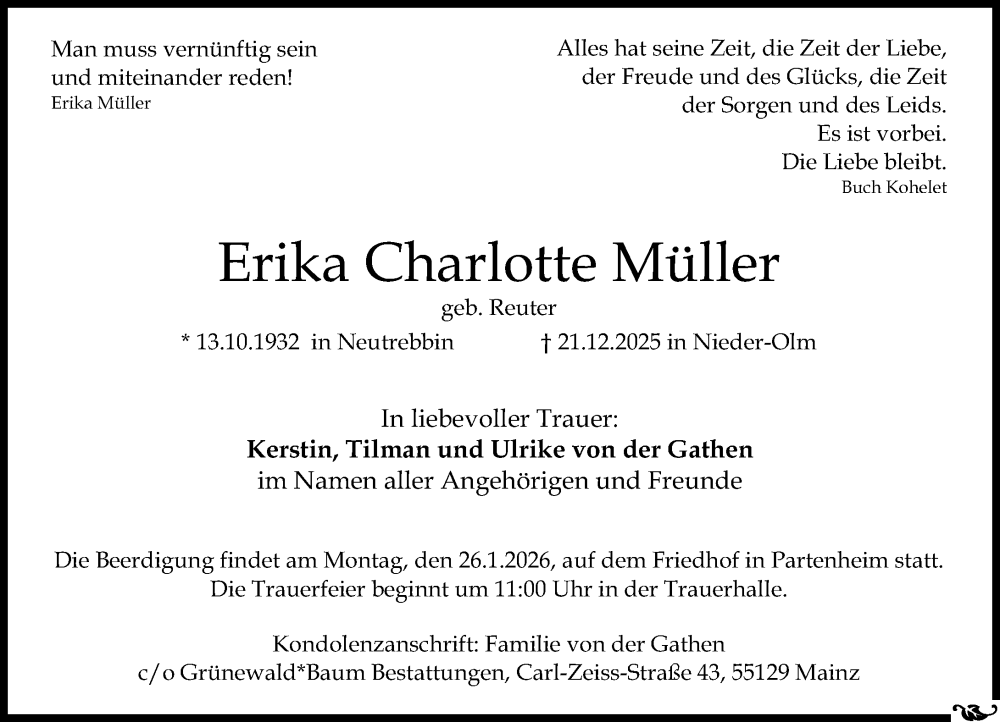  Traueranzeige für Erika Charlotte Müller vom 17.01.2026 aus Allgemeine Zeitung Mainz