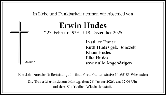 Traueranzeige von Erwin Hudes von Allgemeine Zeitung Mainz
