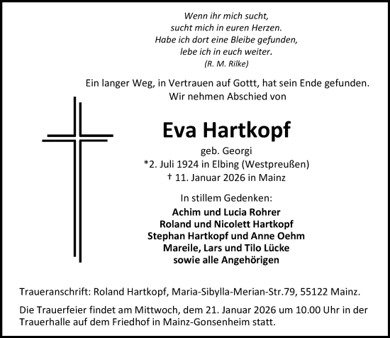 Traueranzeige von Eva Hartkopf von Allgemeine Zeitung Mainz