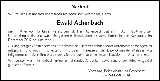 Traueranzeige von Ewald Achenbach von Hinterländer Anzeiger