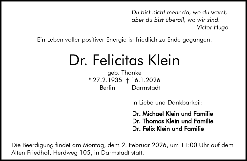  Traueranzeige für Felicitas Klein vom 24.01.2026 aus Darmstädter Echo