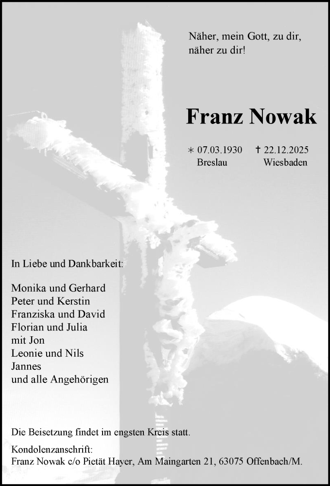  Traueranzeige für Franz Nowak vom 03.01.2026 aus Wiesbadener Kurier