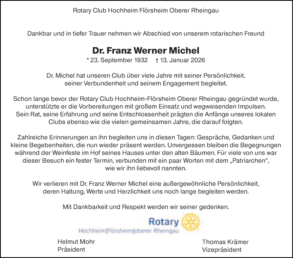  Traueranzeige für Franz Werner Michel vom 23.01.2026 aus Hochheimer Zeitung