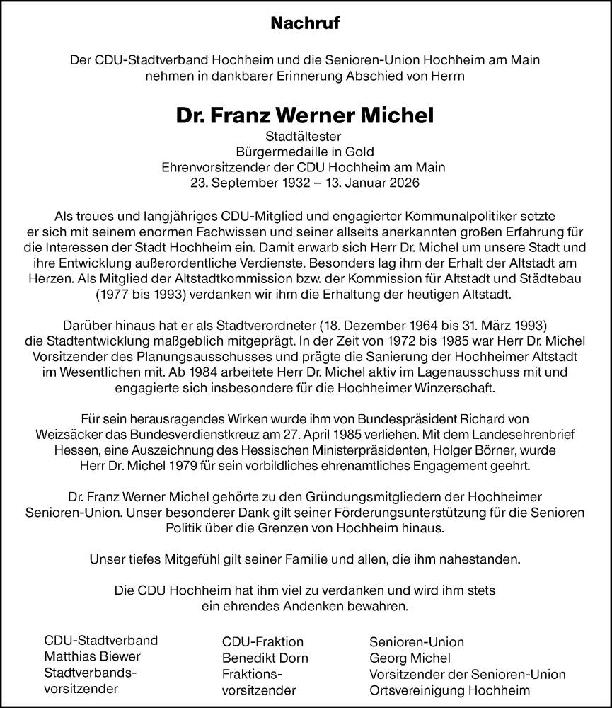  Traueranzeige für Franz Werner Michel vom 16.01.2026 aus Hochheimer Zeitung