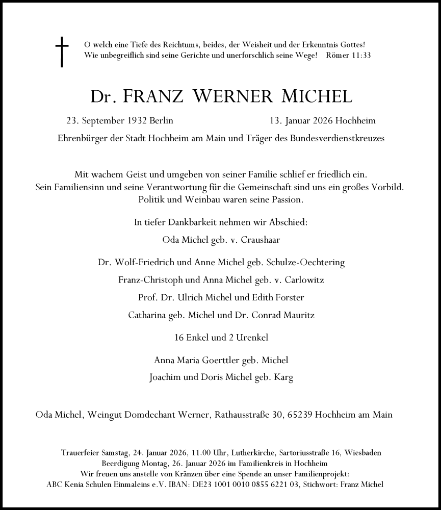  Traueranzeige für Franz Werner Michel vom 16.01.2026 aus Hochheimer Zeitung