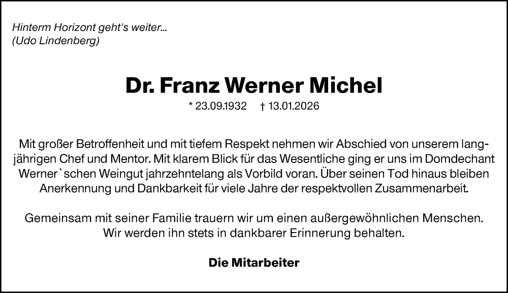  Traueranzeige für Franz Werner Michel vom 16.01.2026 aus Hochheimer Zeitung