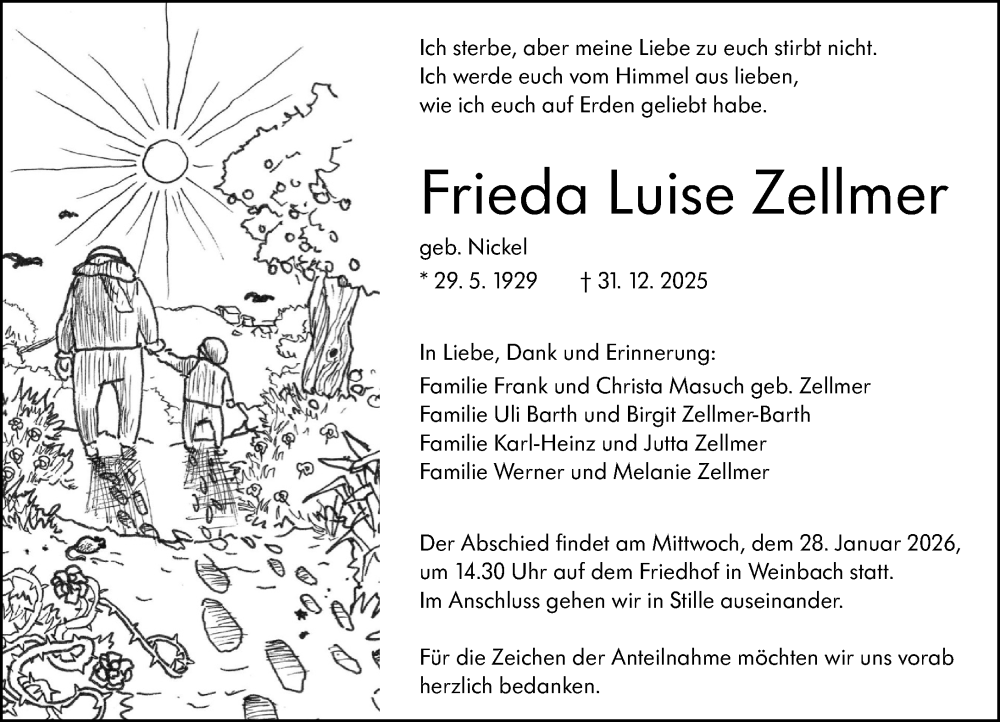  Traueranzeige für Frieda Luise Zellmer vom 24.01.2026 aus Weilburger Tageblatt