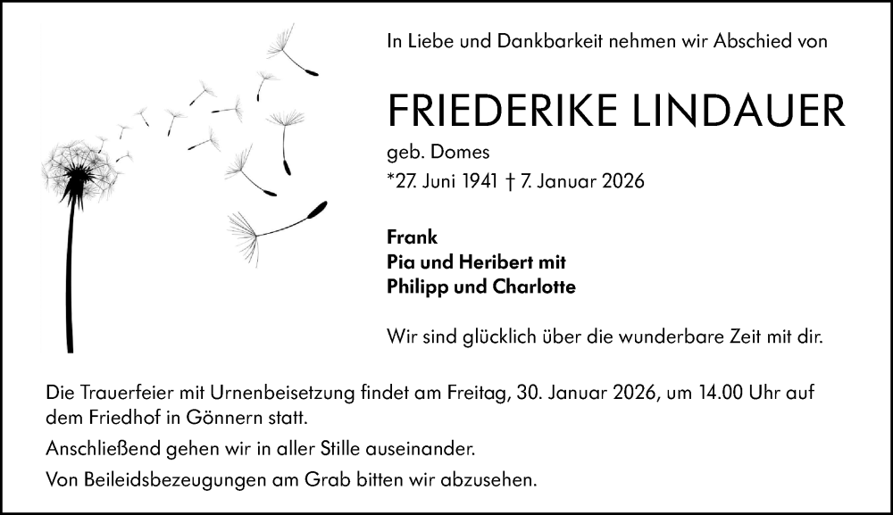  Traueranzeige für Friederike Lindauer vom 24.01.2026 aus Hinterländer Anzeiger