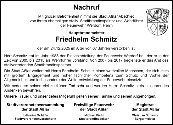 Traueranzeige von Friedhelm Schmitz von Wetzlarer Neue Zeitung