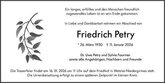 Traueranzeige von Friedrich Petry von Wetzlarer Neue Zeitung