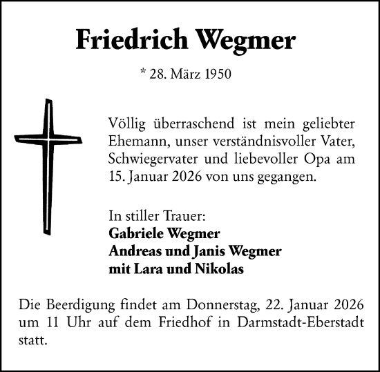 Traueranzeige von Friedrich Wegmer von Darmstädter Echo