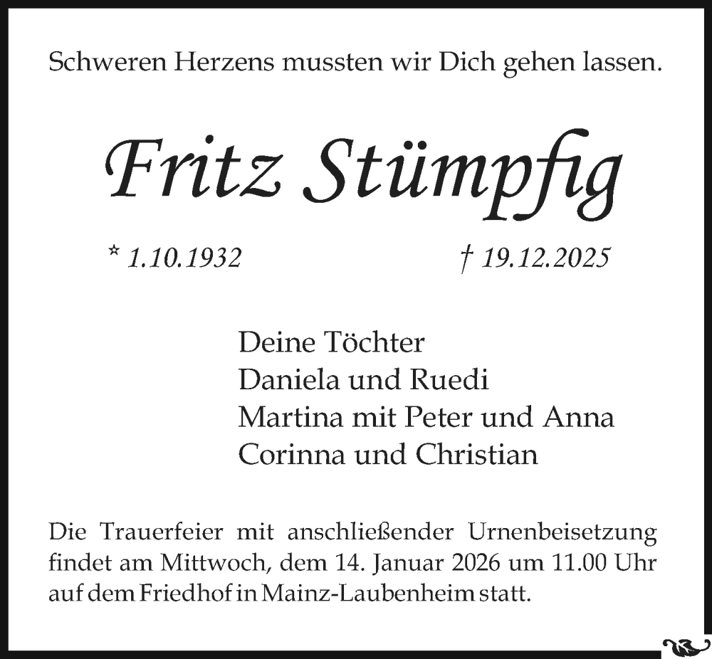  Traueranzeige für Fritz Stümpfig vom 03.01.2026 aus Allgemeine Zeitung Mainz
