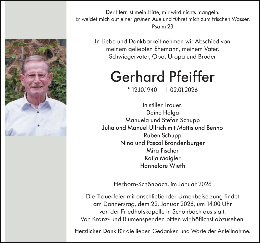  Traueranzeige für Gerhard Pfeiffer vom 16.01.2026 aus Dill Block