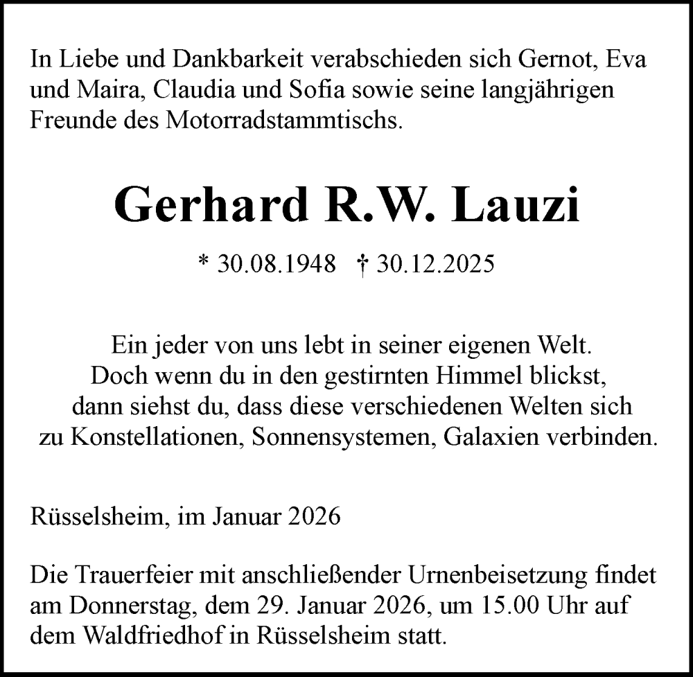  Traueranzeige für Gerhard R.W. Lauzi vom 17.01.2026 aus Rüsselsheimer Echo