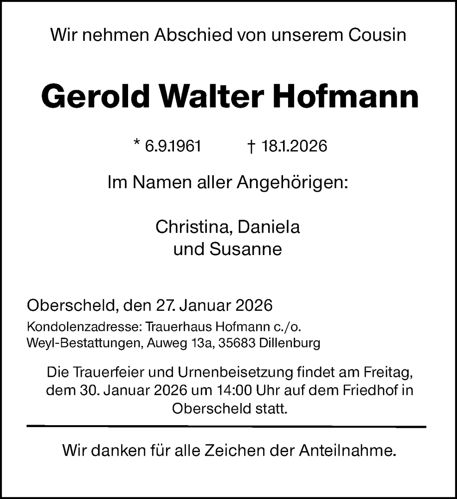  Traueranzeige für Gerold Walter Hofmann vom 27.01.2026 aus Dill Block