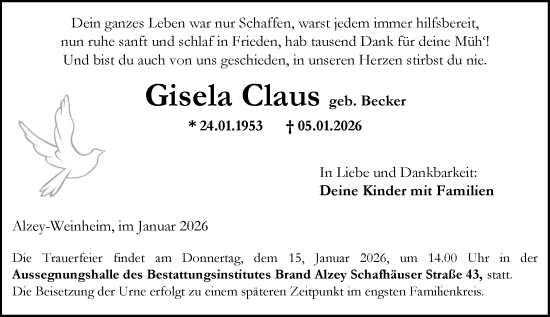 Traueranzeige von Gisela Claus von Allgemeine Zeitung Alzey