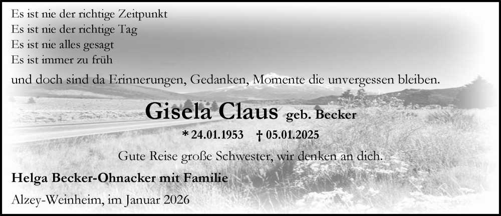  Traueranzeige für Gisela Claus vom 10.01.2026 aus Allgemeine Zeitung Alzey