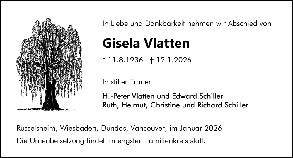  Traueranzeige für Gisela Vlatten vom 24.01.2026 aus Rüsselsheimer Echo