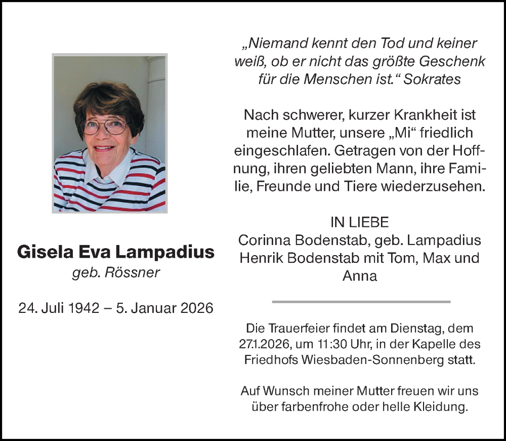  Traueranzeige für Gisela Eva Lampadius vom 16.01.2026 aus Wiesbadener Kurier