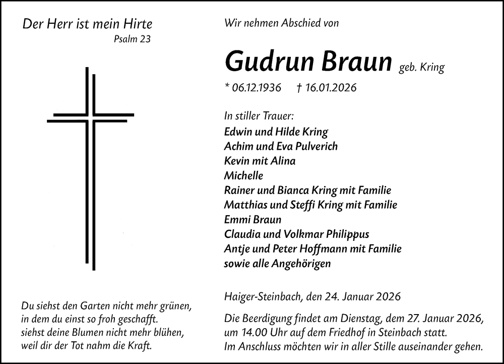  Traueranzeige für Gudrun Braun vom 24.01.2026 aus Dill Block