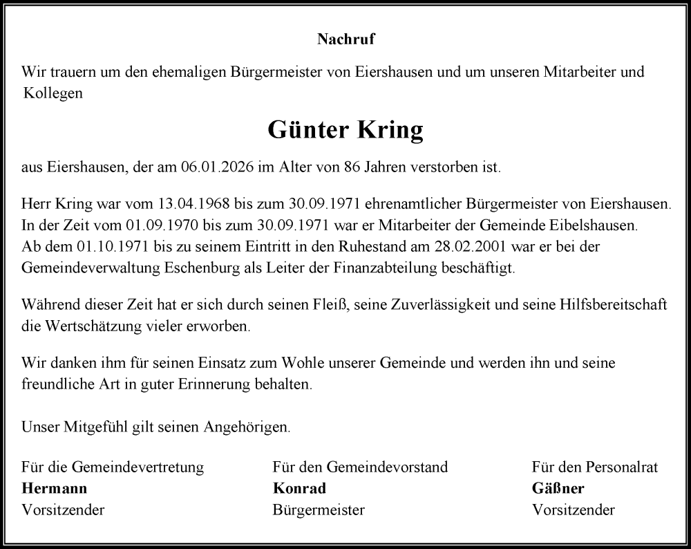  Traueranzeige für Günter Kring vom 10.01.2026 aus Dill Block