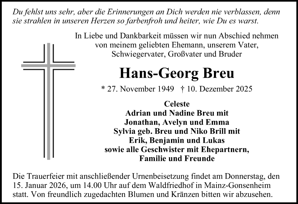 Traueranzeige für Hans-Georg Breu vom 03.01.2026 aus Allgemeine Zeitung Mainz