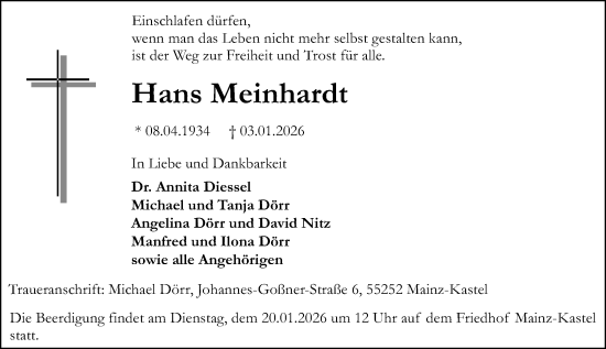 Traueranzeige von Hans Meinhardt von Allgemeine Zeitung Mainz