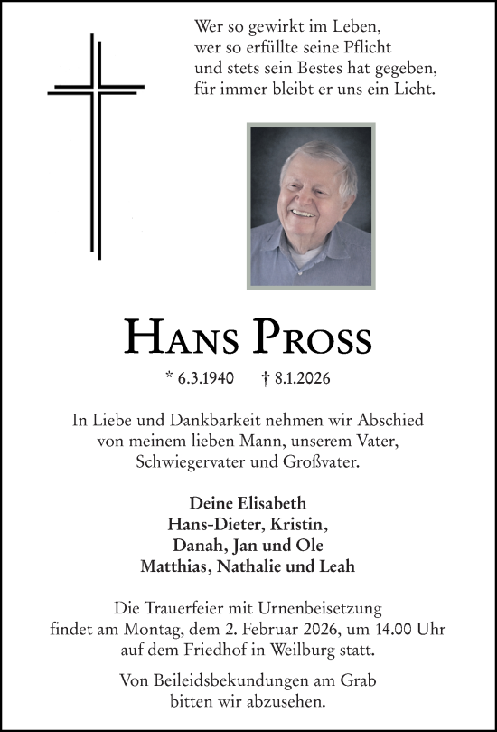 Traueranzeige von Hans Pross von Weilburger Tageblatt