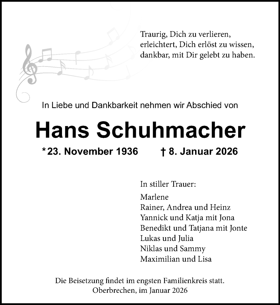  Traueranzeige für Hans Schuhmacher vom 22.01.2026 aus Camberger Anzeiger