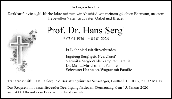 Traueranzeige von Hans Sergl von Allgemeine Zeitung Mainz