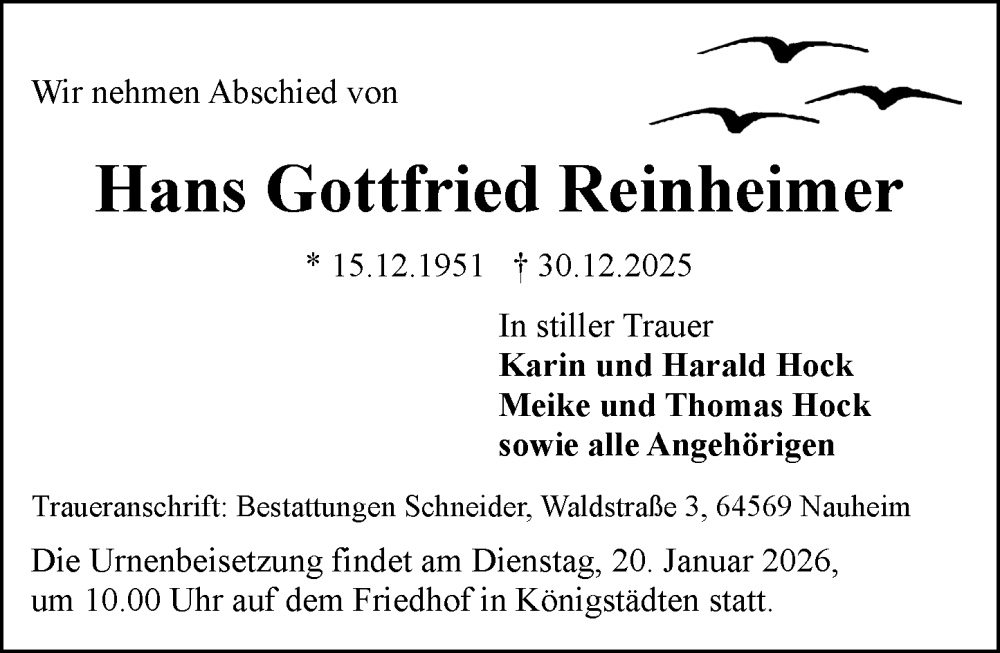  Traueranzeige für Hans Gottfried Reinheimer vom 10.01.2026 aus Rüsselsheimer Echo