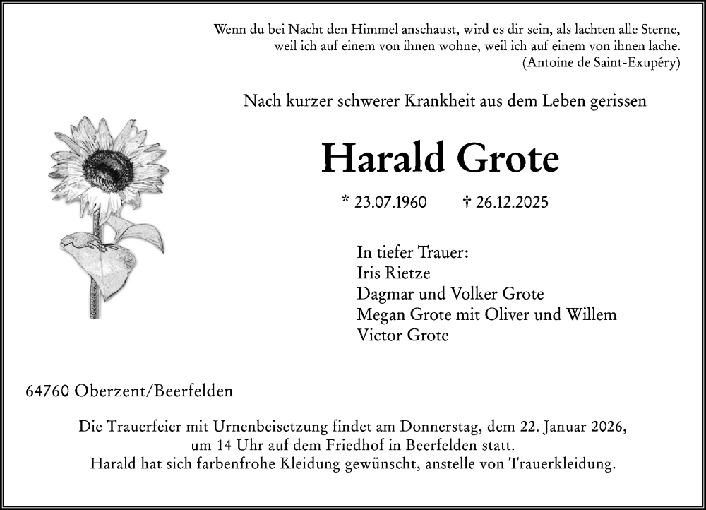  Traueranzeige für Harald Grote vom 17.01.2026 aus Odenwälder Echo