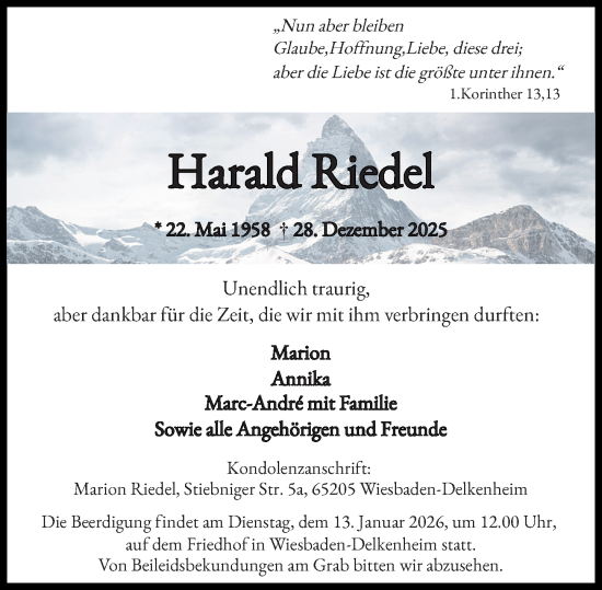 Traueranzeige von Harald Riedel von Wiesbadener Kurier