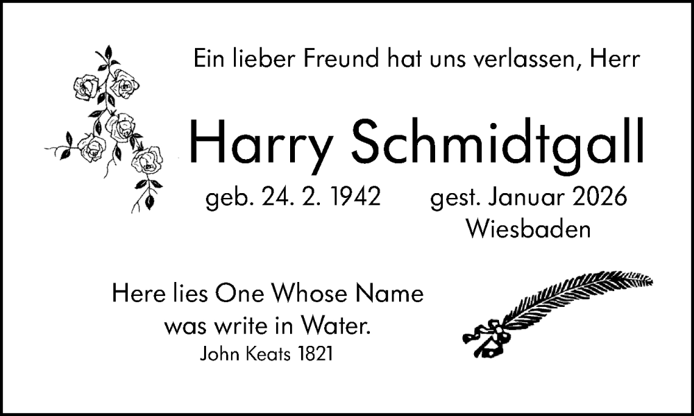  Traueranzeige für Harry Schmidtgall vom 24.01.2026 aus Wiesbadener Kurier