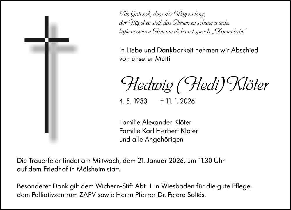  Traueranzeige für Hedwig Klöter vom 17.01.2026 aus Wormser Zeitung