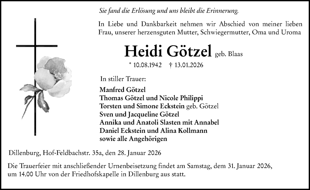  Traueranzeige für Heidi Götzel vom 28.01.2026 aus Dill Block