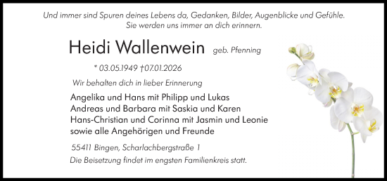 Traueranzeige von Heidi Wallenwein von Allgemeine Zeitung Rheinhessen-Nahe