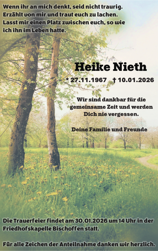 Traueranzeige von Heike Nieth von Dill Block