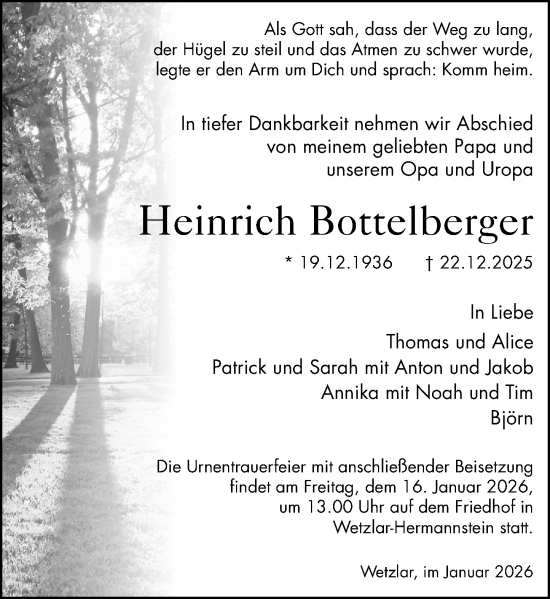 Traueranzeige von Heinrich Bottelberger von Wetzlarer Neue Zeitung