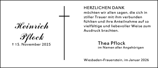 Traueranzeige von Heinrich Pflock von Wiesbadener Kurier