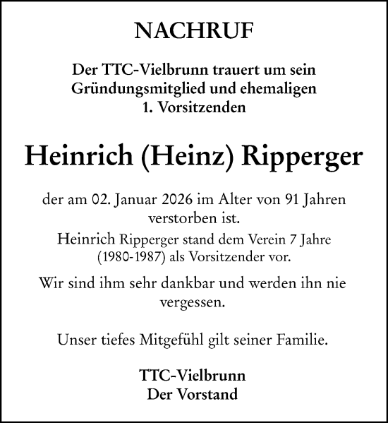 Traueranzeige von Heinrich Ripperger von Odenwälder Echo