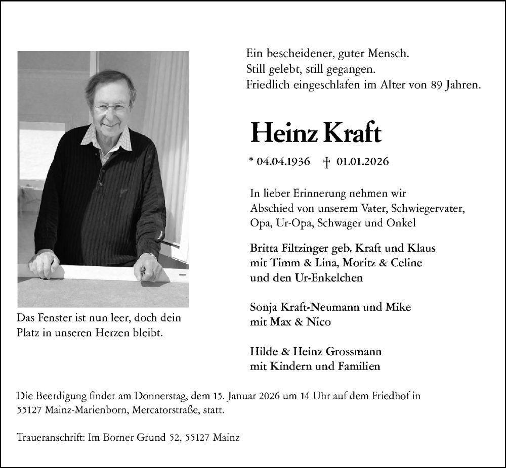  Traueranzeige für Heinz Kraft vom 10.01.2026 aus Allgemeine Zeitung Mainz