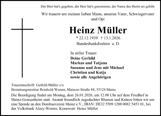 Traueranzeige von Heinz Müller von Allgemeine Zeitung Mainz
