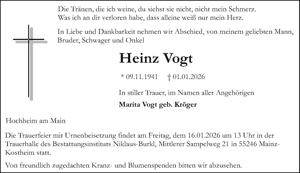  Traueranzeige für Heinz Vogt vom 10.01.2026 aus Allgemeine Zeitung Mainz